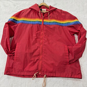 Vintage Retro 80s Bull Run Nylon Hooded Zip Windbreaker Jacket Red Rainbow Sz L